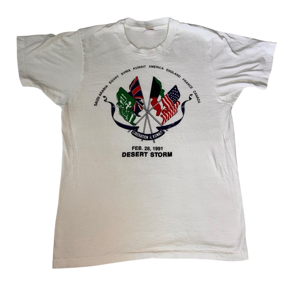 Vintage 1991 Desert Storm T-Shirt Single Stitch Cotton White Liberation Kuwait